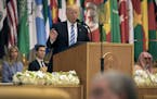 President Donald Trump addresses the Arabic Islamic American Summit in Riyadh, Saudi Arabia, May 21, 2017. In his centerpiece speech Sunday, Trump aim