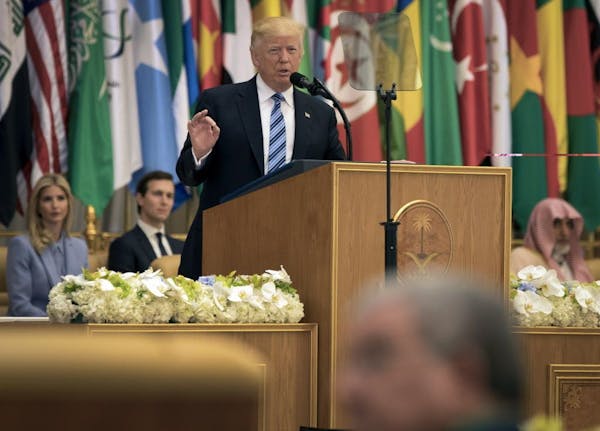 President Donald Trump addresses the Arabic Islamic American Summit in Riyadh, Saudi Arabia, May 21, 2017. In his centerpiece speech Sunday, Trump aim