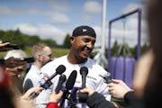 Michael Floyd talked with the media after the Vikings first organized full-team practice of the offseason at Winter Park Wednesday May 23, 2017 in Ede