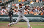 Minnesota Twins starting pitcher Jose Berrios throws to the Baltimore Orioles in the first inning of a baseball game in Baltimore, Wednesday, May 24, 