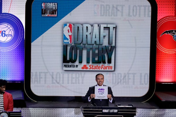 NBA deputy commissioner Mark Tatum announces the results for the Sacramento Kings at the NBA basketball draft lottery, Tuesday, May 16, 2017, in New Y