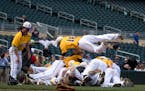 Waconia players celebrate after winning the Class 3A championship game against Hibbing on Monday at Target Field in Minneapolis. Photo: COURTNEY PEDRO