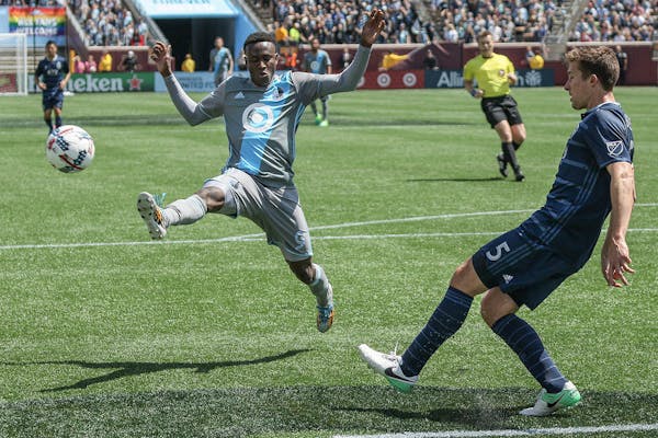 Minnesota United rookie forward Abu Danladi (9), shown here in a May 7 match against Sporting Kansas City, left Sunday’s 2-1 loss to Los Angeles in 