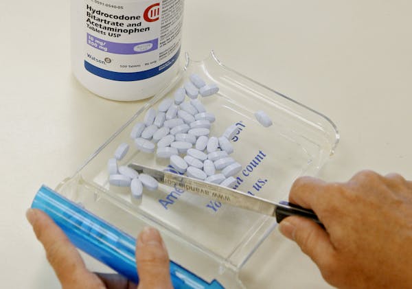 FILE - In this Aug. 5, 2010 file photo, a pharmacy tech poses for a picture with hydrocodone bitartrate and acetaminophen tablets, the generic version