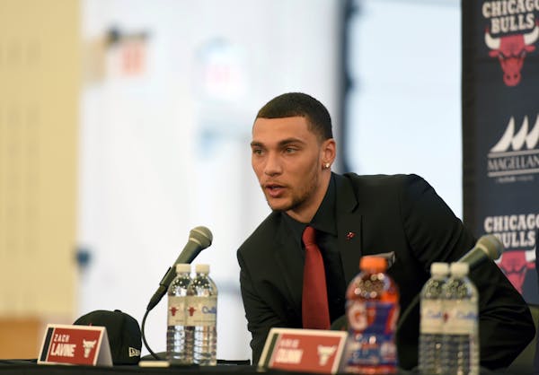 Zach Lavine answer questions during a news conference at the Chicago Bulls NBA basketball team training facility, Tuesday, June 27, 2017, in Chicago. 