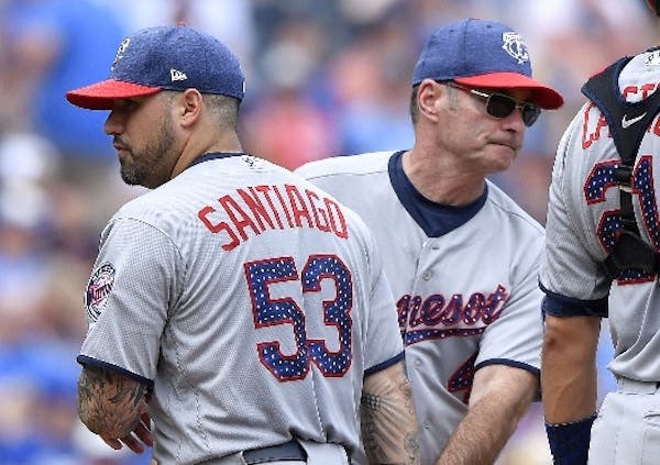 Twins starter Hector Santiago was relieved by manager Paul Molitor in the fourth inning against the Kansas City Royals on Sunday.