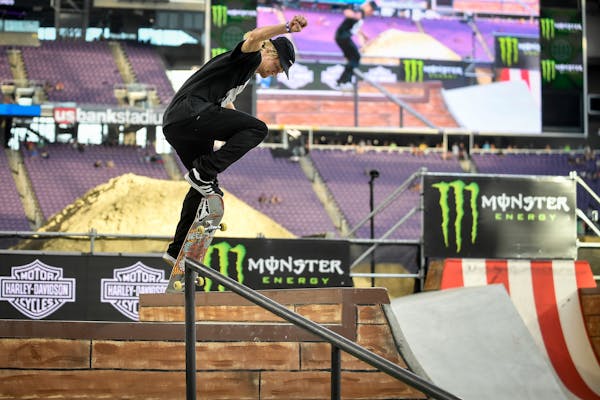 Alex Majerus competes in the men's skateboard street finals Saturday, July 15, 2017, at the X Games in Minneapolis. Majerus took second place in the e