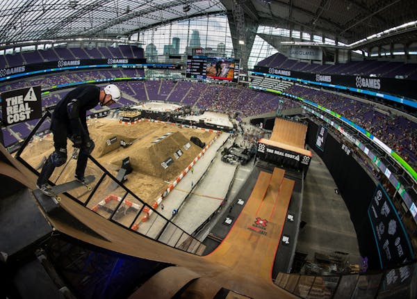 Brazil's Leonardo Ruiz dropped into the "Big Air" ramp during Friday afternoon's skateboarding big air qualifiers at US Bank Stadium during the X Game