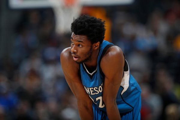 Minnesota Timberwolves forward Andrew Wiggins (22) in the first half of an NBA basketball game Wednesday, Feb. 15, 2017, in Denver. (AP Photo/David Za