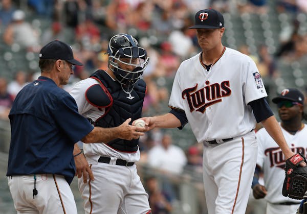 Twins starting pitcher Kyle Gibson, right, hands Twins manager Paul Molitor, left, as he leaves the mound in the fifth inning of a baseball game again