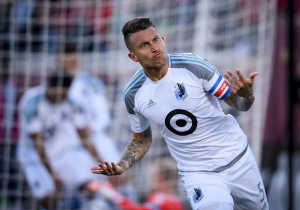 Minnesota United defender Francisco Calvo celebrates his goal gainst the Vancouver Whitecaps early in the second half of an MLS soccer match Saturday,