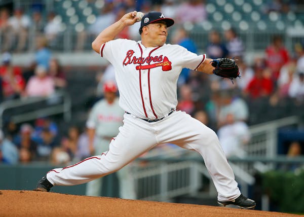 Atlanta Braves starting pitcher Bartolo Colon (40) delivers in the first inning of a baseball game against the Philadelphia Phillies, Monday, June 5, 