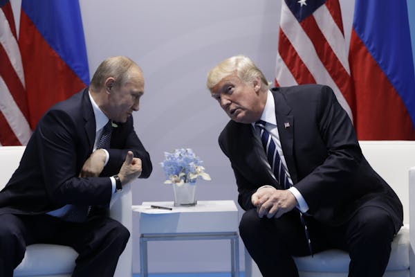 President Donald Trump meets with Russian President Vladimir Putin at the G20 Summit, Friday, July 7, 2017, in Hamburg.