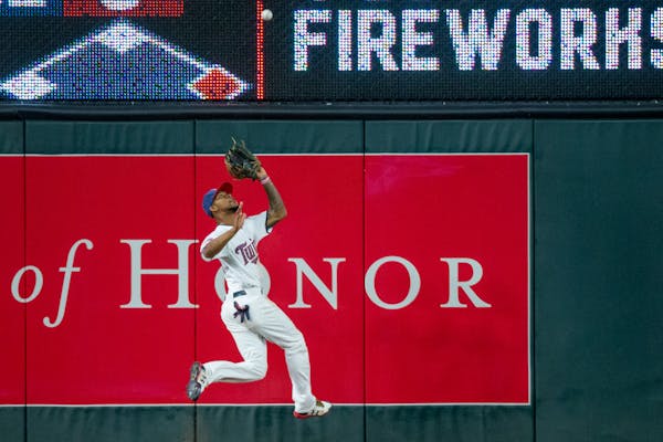 Minnesota Twins’ Byron Buxton catches the ball during a game against the Los Angeles Angels on Monday, July 3, 2017, at Target Field.