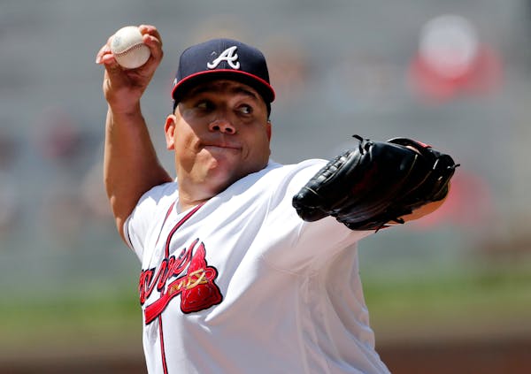 Atlanta Braves starting pitcher Bartolo Colon works in the first inning of a baseball game against the Pittsburgh Pirates, Thursday, May 25, 2017, in 