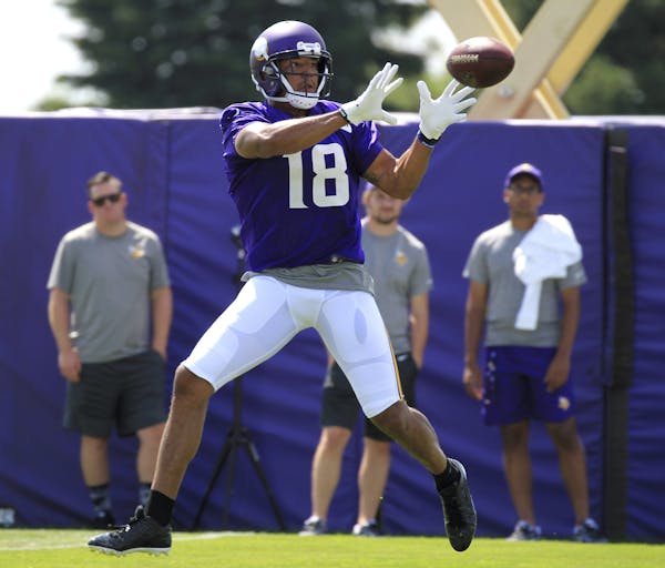 Minnesota Vikings wide receiver Michael Floyd makes a catch during NFL football training camp Thursday, July 27, 2017, in Mankato, Minn. (AP Photo/And