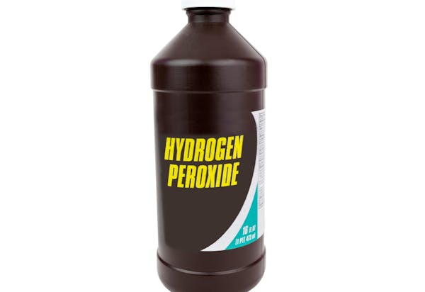 A bottle of hydrogen peroxide.