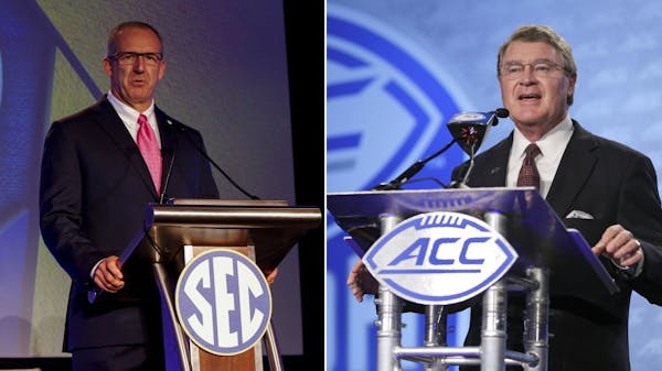 At left, SEC Commissioner Greg Sankey speaks in Hoover, Ala. At right, ACC Commissioner John Swofford speaks in Charlotte, N.C. The Atlantic Coast Con