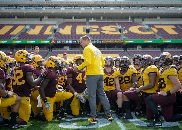 Gophers coach P.J. Fleck addressed his team after the spring game. Minnesota opens its season Aug. 31, and there are more than 10,000 tickets availabl