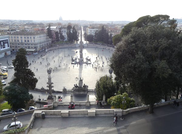 Piazza del Popolo lies at the northern gates of Rome. It was designed as a grand entrance. This view is from the Pincian Hill, in Villa Borghese.