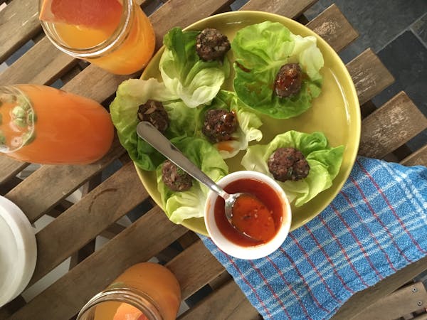West Indian Lamb Curry, top. Grapefruit Cardamom Beer Punch and Thai Metball Lettuce Wraps.