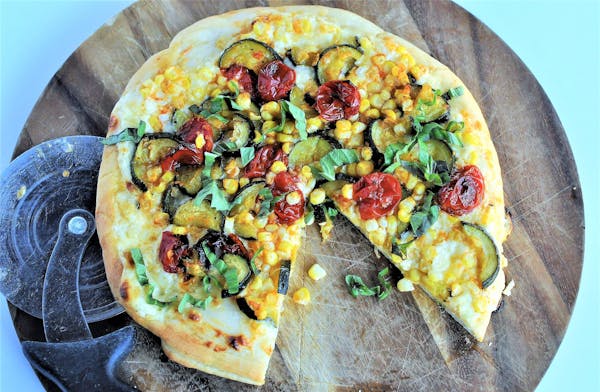 Roasted Summer Vegetable Naan Pizza.