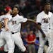 Minnesota Twins center fielder Byron Buxton (25) celebrated his bottom of the tenth inning home run to win the game 3-2 with Minnesota Twins catcher C