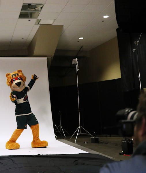 Wild mascot Nordy posed for photos during media day Thursday. Players and team officials were at Xcel Energy Center Thursday ahead of Friday’s first