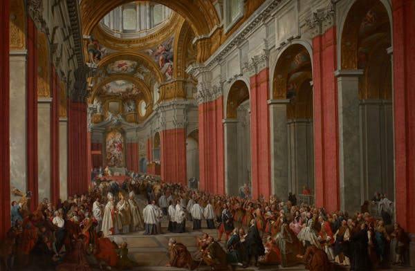 The church almost upstages the people in Giovanni Paolo Panini’s "The Consecration of Giuseppe Pozzobeonelli as Archbishop in San Carlo al Corso," a