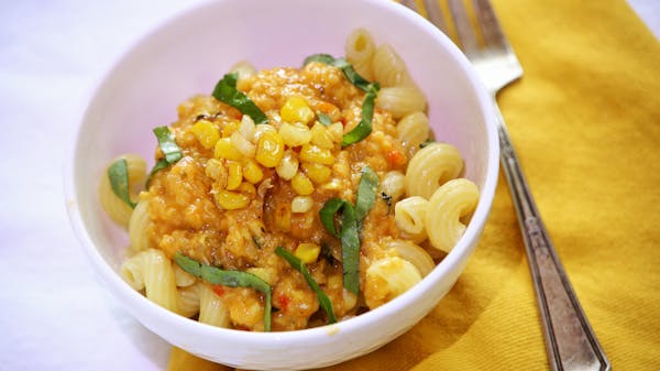Pasta in Creamy Corn Sauce With Frizzled Corn.