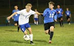 Eastview's Zack Aday-Nicholson (10) raced past Eagan defender Jack Tesch (7). Aday-Nicholson struck first for the Lightning only six minutes in, the e