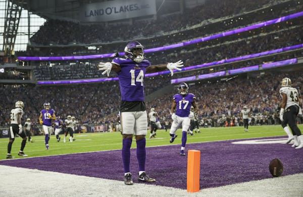 Vikings receiver Stephon Diggs celebrated his second-quarter touchdown, giving the Vikings a 9-6 lead against the Saints at U.S. Bank Stadium on Monda