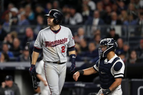 The Minnesota Twins' Brian Dozier (2) reacts after a strike out in the sixth inning against the New York Yankees during the American League Wild Card 