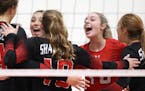 Rachel Kilkelly(1) and Maddie Wherley(16) celebrate a point. ]Shakopee's volleyball team will be hosting Minnetonka at the high school starting at 7 p