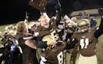 Apple Valley's Kellan McKeag (5) celebrates the Eagles' 42-7 victory over St. Thomas Academy in the Class 5A, Section 3 title game.
