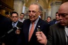 Senate Minority Leader Sen. Chuck Schumer of N.Y., speaks with reporters as he leaves a news conference on American labor on Capitol Hill in Washingto