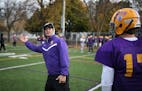Cretin-Derham Hall football coach Brooks Bollinger worked with his team during practice Tuesday October 31,2017 in St. Paul , MN. ] JERRY HOLT � jer