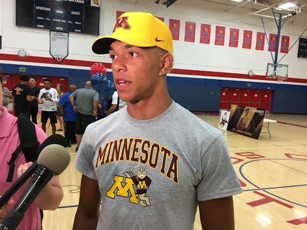 Jarvis Thomas spoke with reporters after announcing his commitment to the University of Minnesota men's basketball team.