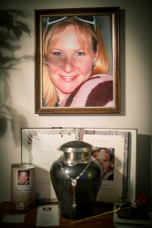 The remains of Shari Glomski, 33, are kept in an urn in her father's living room in Oconomowoc, Wis.