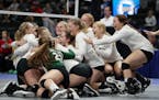 Maple Lake High School players celebrated on the court after defeating North Branch High School in the championship game.