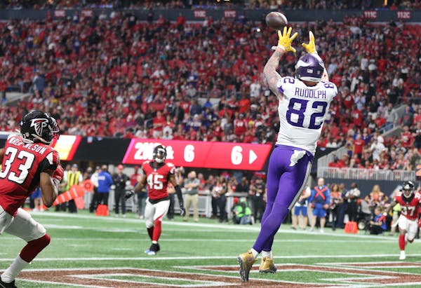 Vikings tight end Kyle Rudolph hauled in the go-ahead 6-yard touchdown pass in the fourth quarter Sunday, his fifth TD catch of 2017 inside the red zo