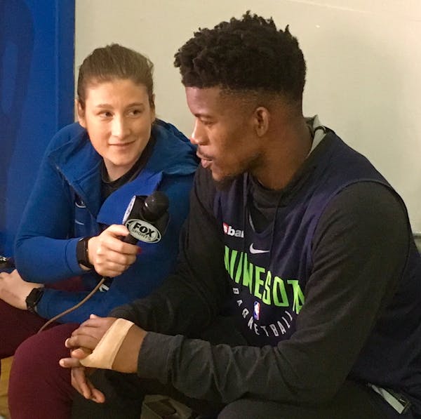 The Lynx’s Lindsay Whalen interviewed the Wolves’ Jimmy Butler for a Fox Sports North telecast. She’ll help call eight games this season.