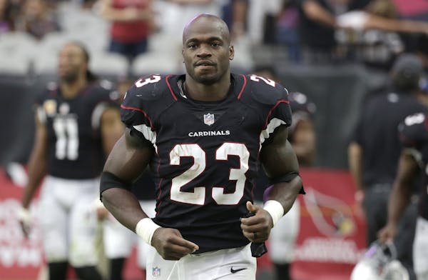 Arizona Cardinals running back Adrian Peterson (23) runs back onto the field prior to the second half of an NFL football game against the Tampa Bay Bu