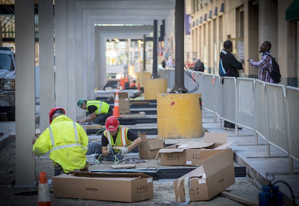 Construction work on Nicollet Mall during late summer.
