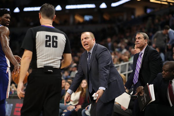 Minnesota Timberwolves head coach Tom Thibodeau yelled at officials Pat Fraher during NBA action at Target Center Tuesday December 12, 2017 in Minneap