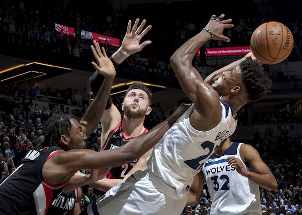 Jimmy Butler (23) was fouled by Al-Farouq Aminu (8) with 2.5 seconds left in the game. Butler made his two free throws to give the Timberwolves the le
