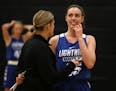 Megan Walstad (45) talked with head coach Molly Kasper during practice. ] ANTHONY SOUFFLE ï anthony.souffle@startribune.com The Eastview girls' baske