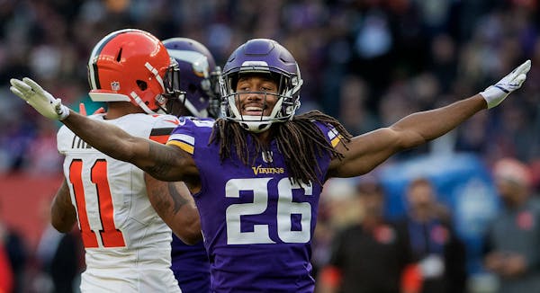 Minnesota Vikings cornerback Trae Waynes (26) reacted after breaking up a pass against Cleveland in October.