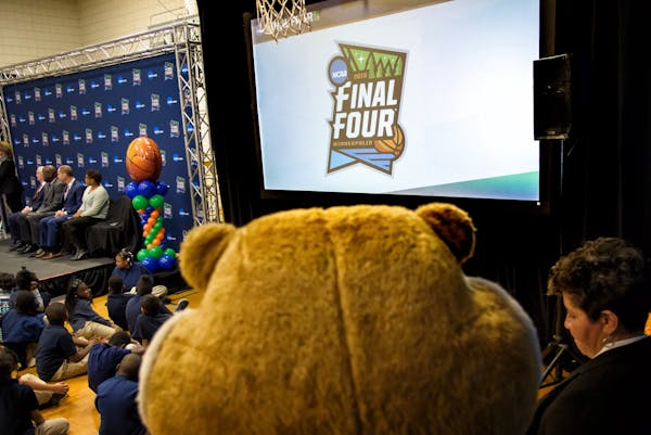 The 2019 Final Four logo features four shimmering stars (representing its four trips to Minneapolis), four green trees and a little Mississippi River 
