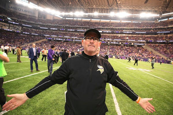 Vikings head coach Mike Zimmer celebrated after his team clinched the NFC North beating Cincinnati 34-7 at U.S.Bank Stadium on December 17